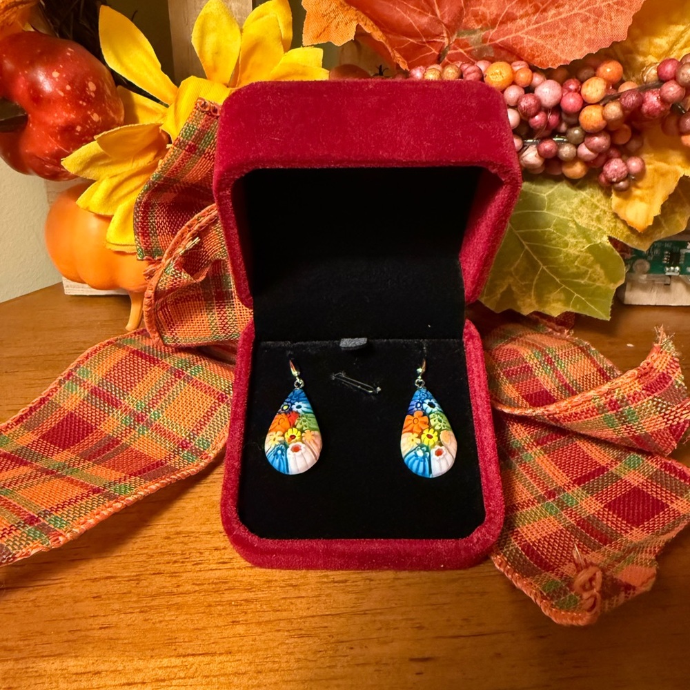 Multi Color Murano Style Millefiori Drop Earrings - Picture 3 of 6